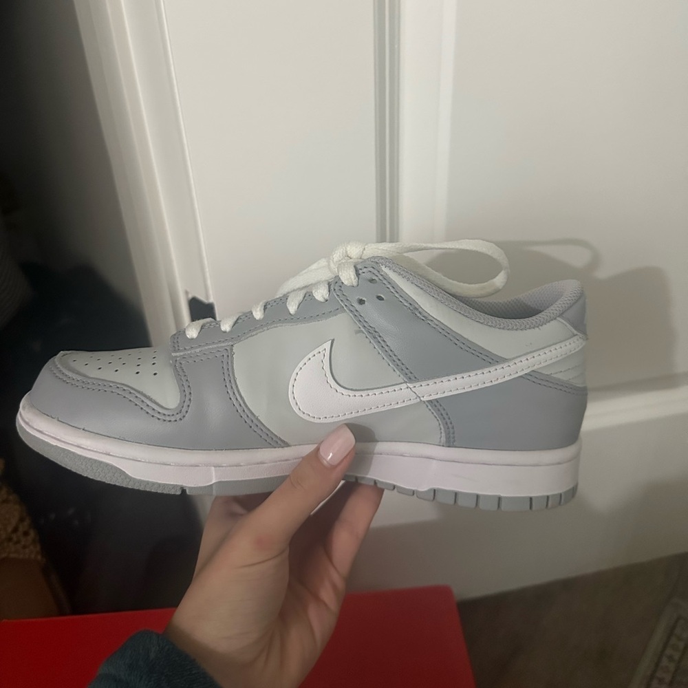 Grey and white dunks